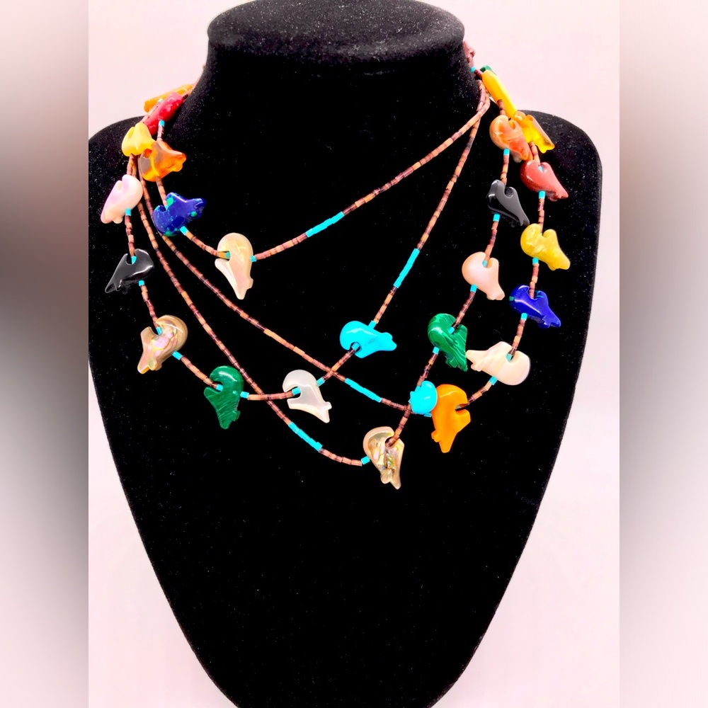 Sterling Native Zuni Hand Carved Stone Heishi Fetish Bear Double Strand Necklace